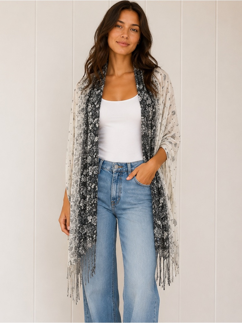 Floral Paisley Fringe Scarf Wrap Shawl Boho Festival Lightweight Oversized 72x24